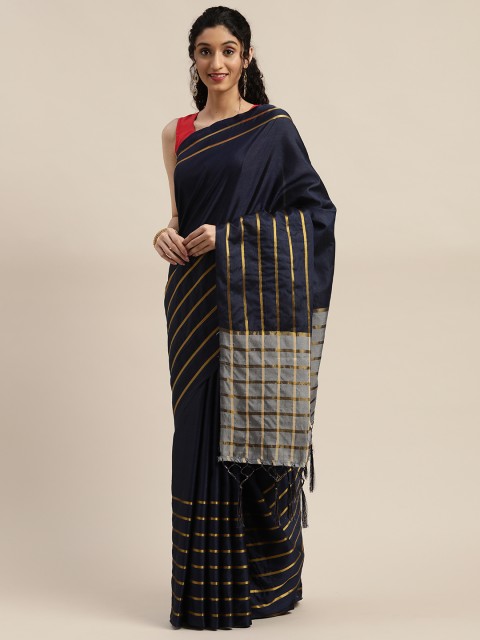 

KALINI Navy Blue & Golden Art Silk Striped Saree