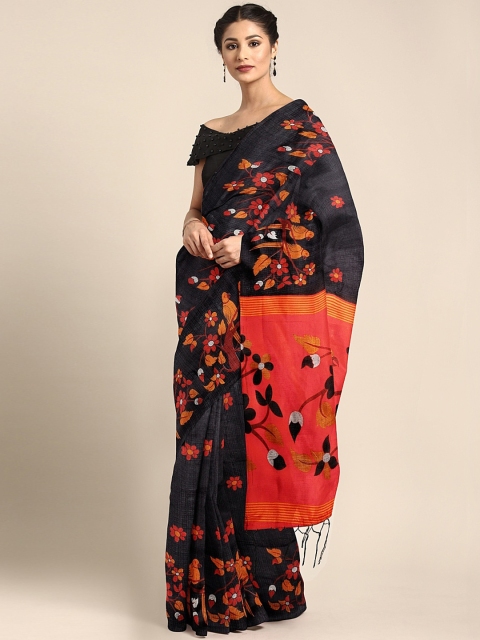 

KALINI Black & Red Silk Blend Floral Printed Khadi Saree