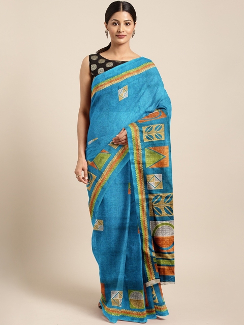 

KALINI Turquoise Blue & Brown Cotton Blend Printed Saree
