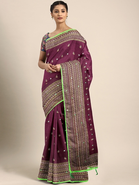 

KALINI Burgundy & Green Jute Silk Printed Saree