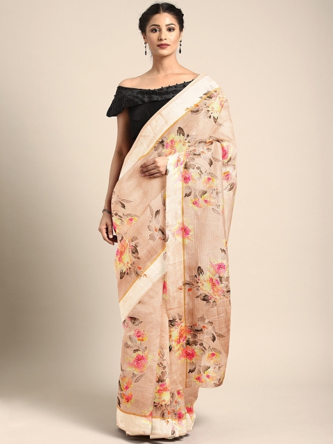 

KALINI Nude-Coloured & Pink Pure Linen Printed Saree