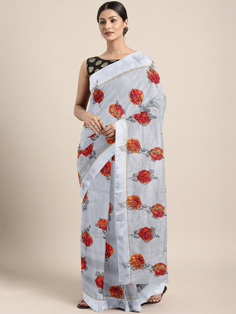 

KALINI Grey & Orange Pure Linen Floral Printed Saree