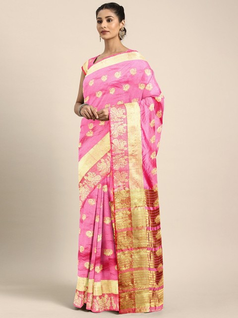 

KALINI Pink & Gold-Toned Art Silk Woven Design Saree