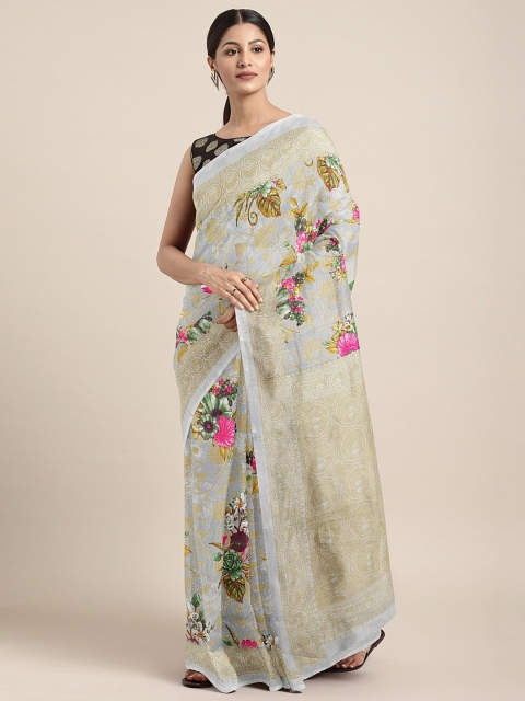

KALINI Grey & Beige Cotton Blend Floral Printed Saree