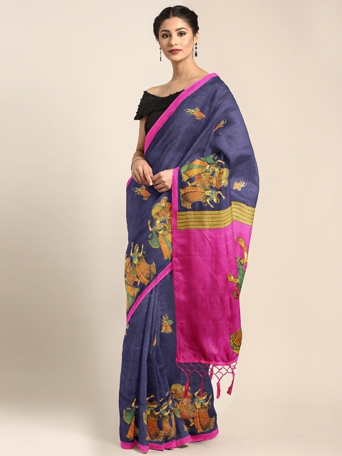 

KALINI Navy Blue & Mustard Yellow Silk Blend Printed Khadi Saree