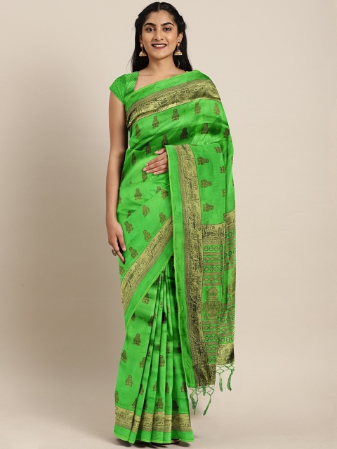 

KALINI Green & Gold-Toned Silk Blend Printed Khadi Saree