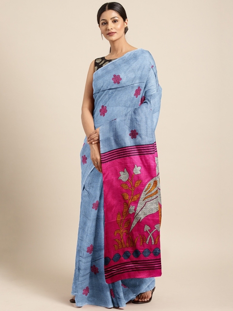 

KALINI Blue & Pink Silk Blend Floral Printed Khadi Saree