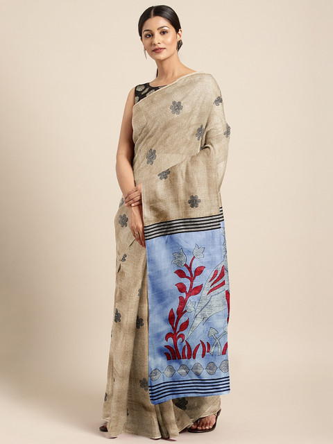 

KALINI Beige & Blue Silk Blend Printed Khadi Saree