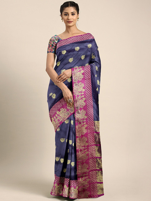 

KALINI Navy Blue & Gold-Toned Art Silk Woven Design Saree