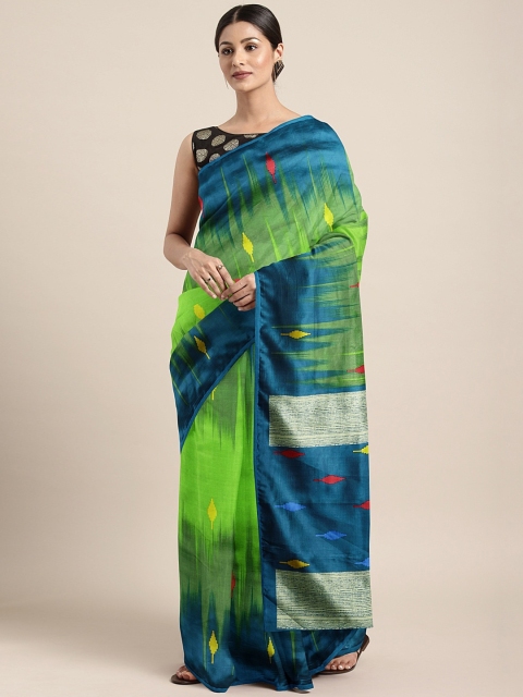 

KALINI Lime Green & Teal Blue Cotton Blend Printed Saree