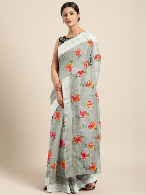 

KALINI Grey & Green Pure Linen Printed Saree