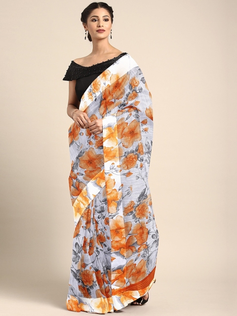 

KALINI White & Orange Pure Linen Floral Printed Saree