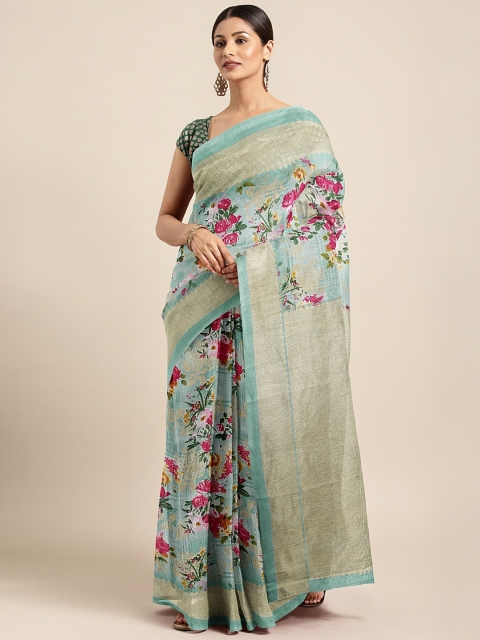 

KALINI Sea Green & Pink Cotton Blend Floral Printed Saree