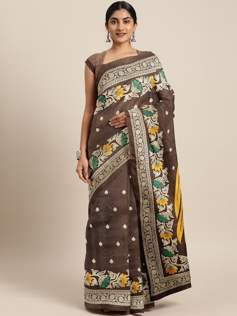 

KALINI Coffee Brown & Beige Cotton Blend Printed Saree