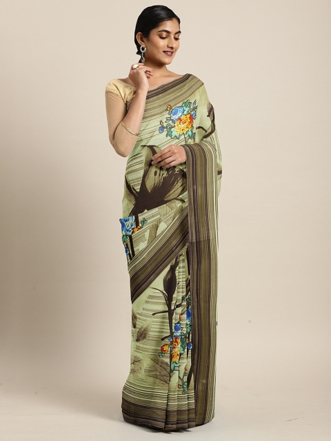 KALINI Green Floral Printed Pure Georgette Saree