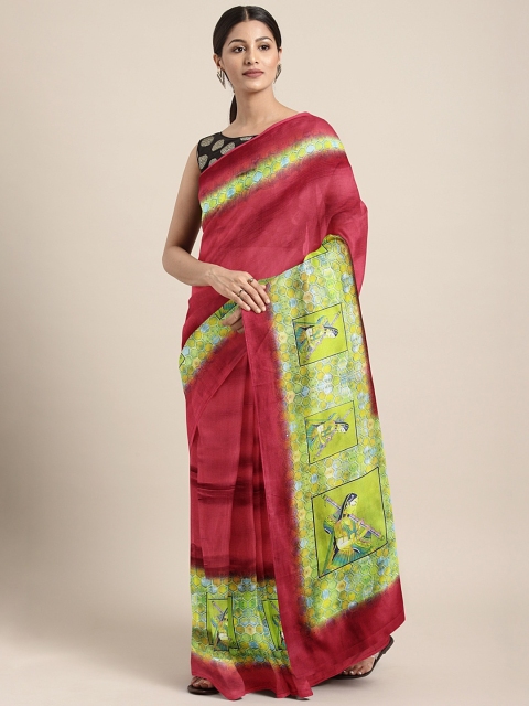 

KALINI Red & Olive Green Silk Blend Solid Khadi Saree