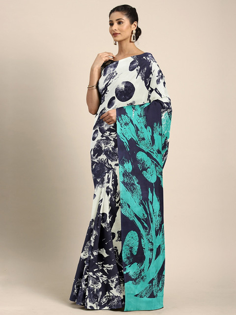 

KALINI White & Navy Blue Pure Crepe Abstract Printed Saree