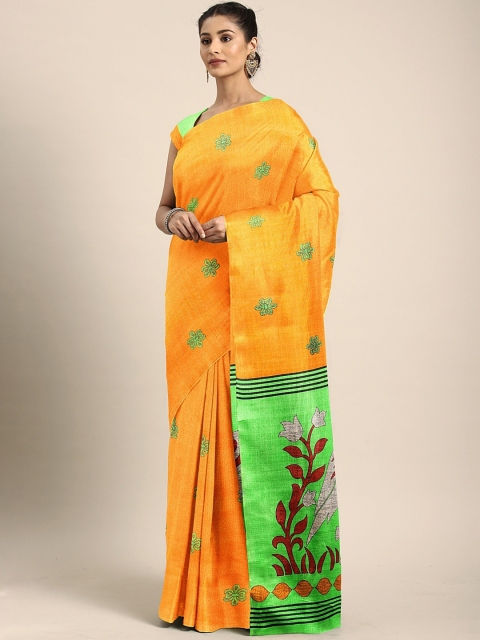 

KALINI Yellow & Green Silk Blend Printed Khadi Saree