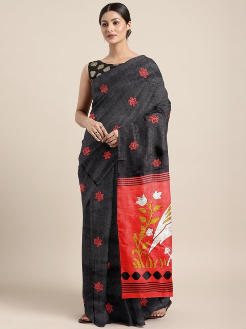 

KALINI Black & Red Silk Blend Printed Khadi Saree
