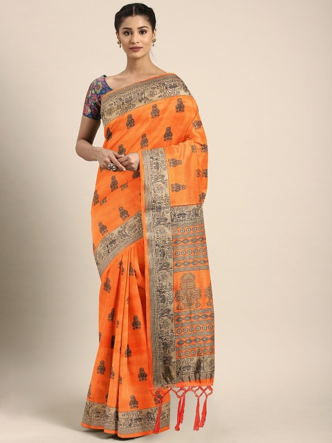 

KALINI Orange & Beige Silk Blend Printed Khadi Saree