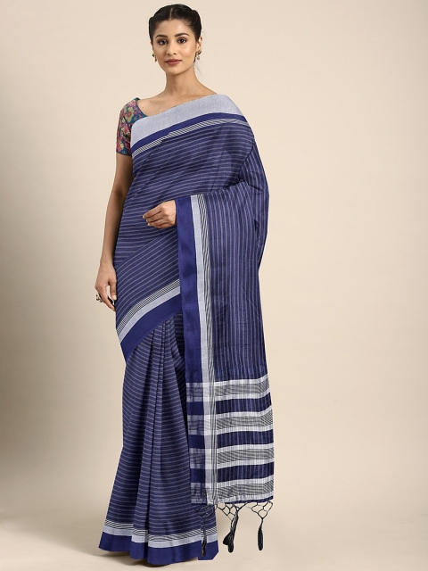 

KALINI Navy Blue & White Art Silk Striped Work Saree