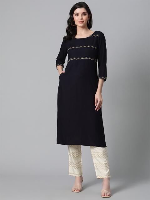 

clorals Women Navy Blue & Cream-Coloured Embroidered Kurta with Trousers