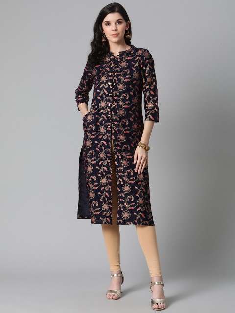 

clorals Women Navy Blue & Golden Printed Straight Kurta
