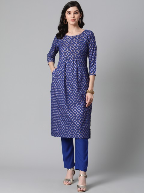 

clorals Women Blue & Golden Printed Straight Kurta with Trousers