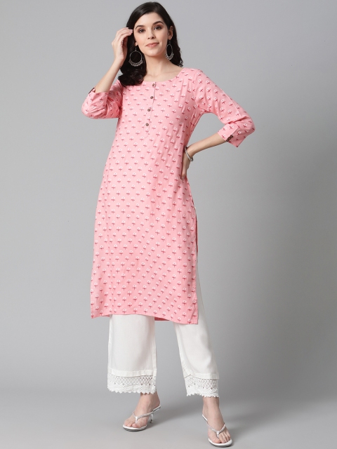 

clorals Women Pink & White Floral Printed Straight Kurta with Palazzos