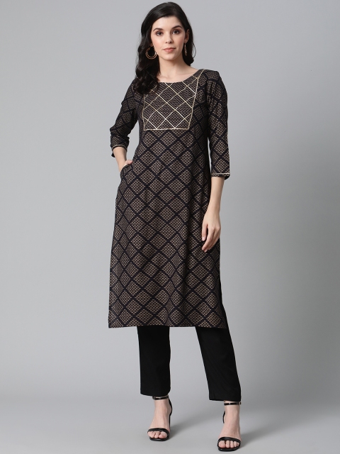 

clorals Women Black & Golden Geometric Printed Kurta with Trousers