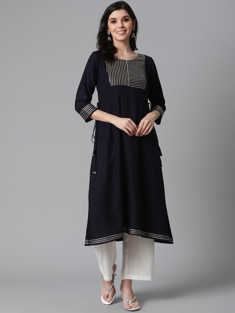 

clorals Women Navy Blue & Golden Yoke Design A-Line Kurta