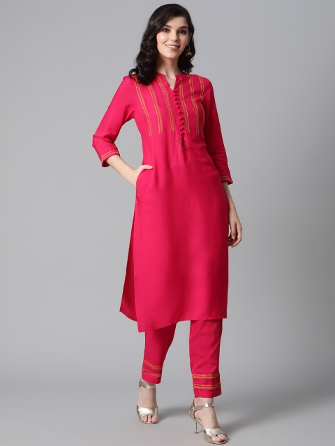 

clorals Women Fuchsia & Mustard Embroidered Kurta with Trousers
