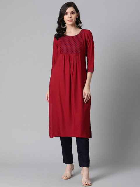 

clorals Women Maroon & Navy Blue Embroidered Kurta with Trousers