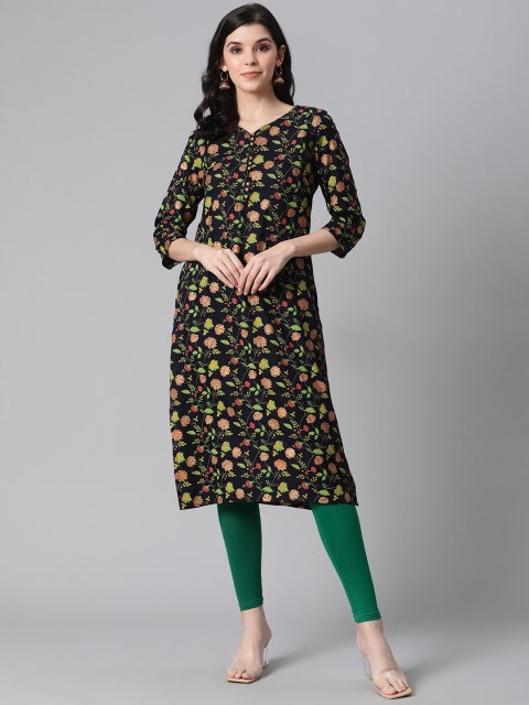 

clorals Women Navy Blue & Green Floral Printed Straight Kurta