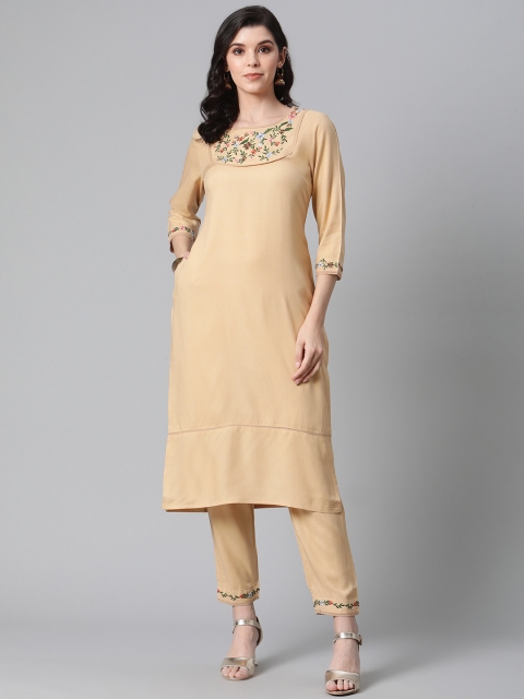 

clorals Women Beige & Green Embroidered Kurta with Trousers