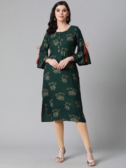 

clorals Women Olive Green & Orange Printed Straight Kurta