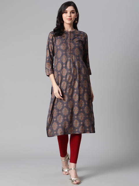 

clorals Women Charcoal Grey & Golden Printed Straight Kurta