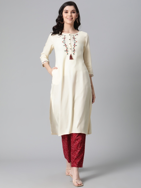 

clorals Women Cream-Coloured & Maroon Embroidered Kurta with Trousers