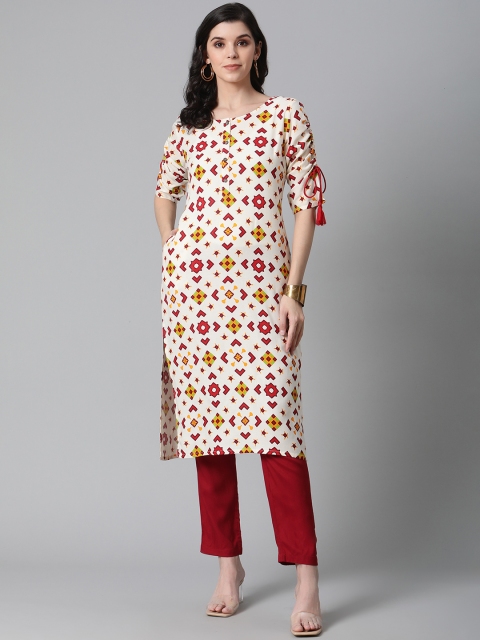 

clorals Women Off-White & Maroon Geometric Printed Kurta with Trousers