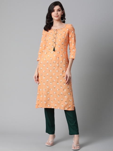 

clorals Women Peach-Coloured & Green Floral Printed Kurta with Trousers