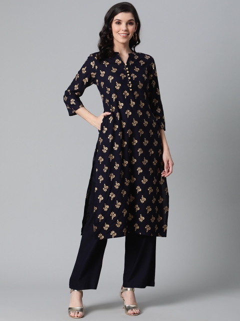

clorals Women Navy Blue & Golden Floral Printed Kurta with Palazzos