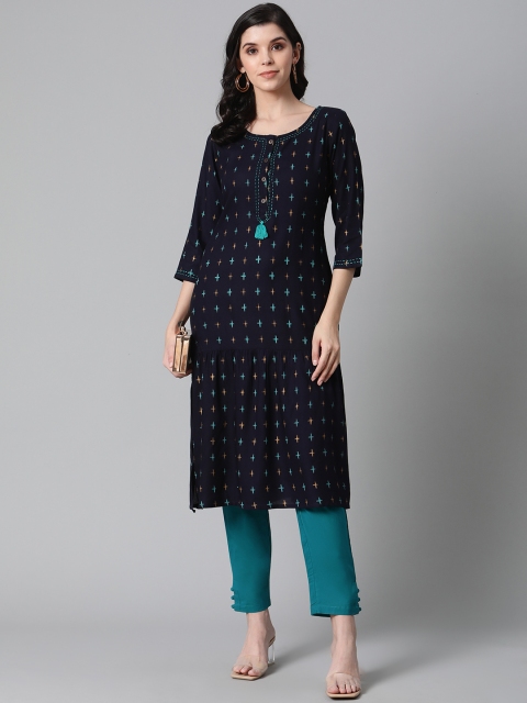 

clorals Women Navy Blue & Teal Blue Geometric Printed Kurta with Trousers