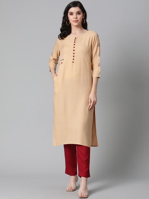 

clorals Women Beige & Maroon Solid Kurta with Trousers