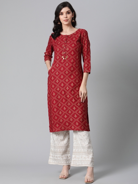 

clorals Women Maroon & White Geometric Printed Kurta with Palazzos