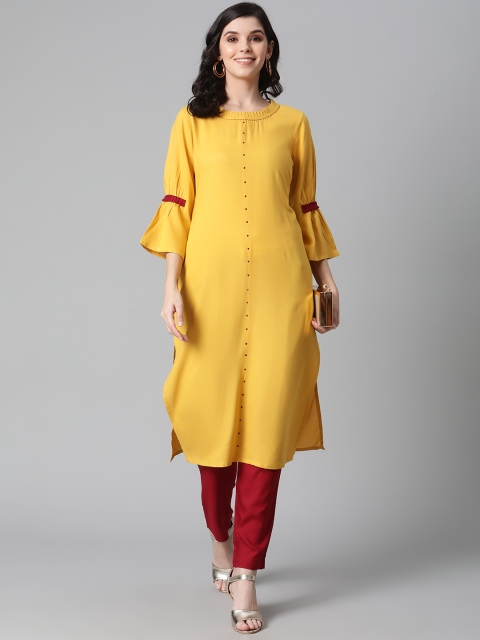 

clorals Women Mustard & Maroon Embroidered Kurta with Trousers