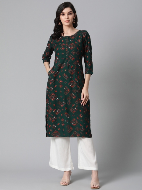 

clorals Women Green & Red Geometric Printed Kurta with Palazzos