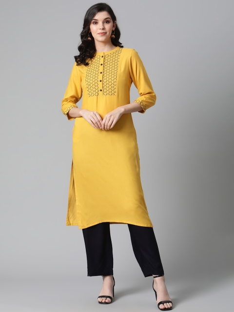 

clorals Women Mustard Yellow & Navy Blue Embroidered Kurta with Palazzos