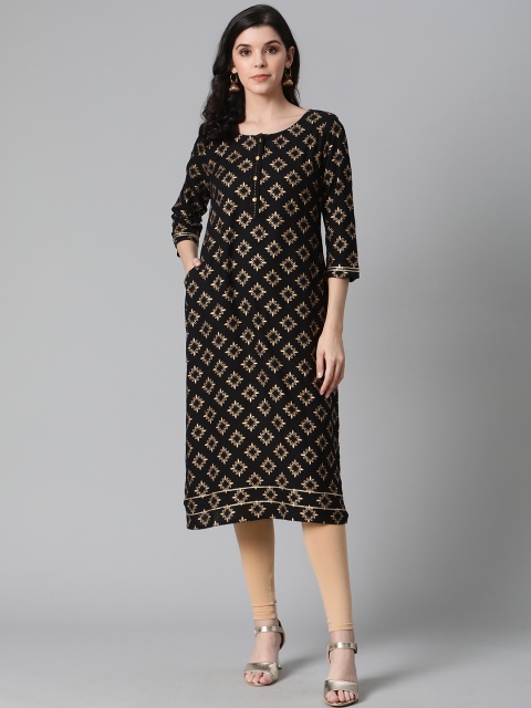 

clorals Women Black & Golden Printed Straight Kurta