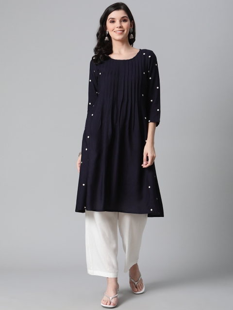 

clorals Women Navy Blue & Off-White Solid Pleated Kurta with Palazzos