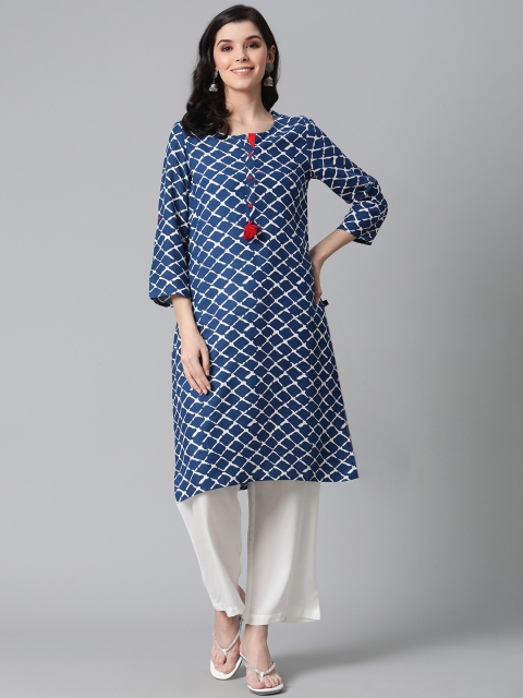 

clorals Women Navy Blue & White Geometric Printed Kurta with Palazzos
